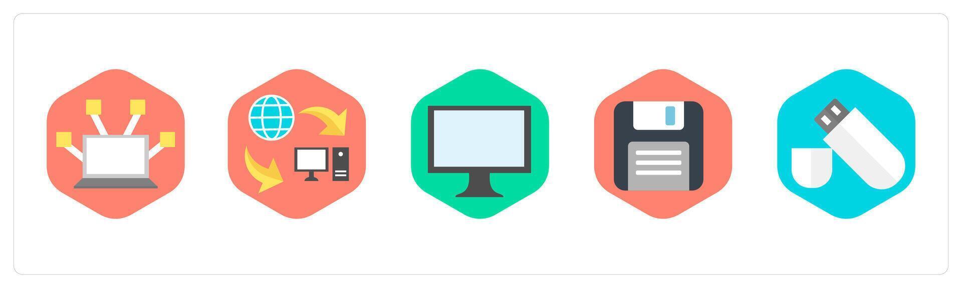 A set of 5 mix icons as computer network, data transfer, computer vector