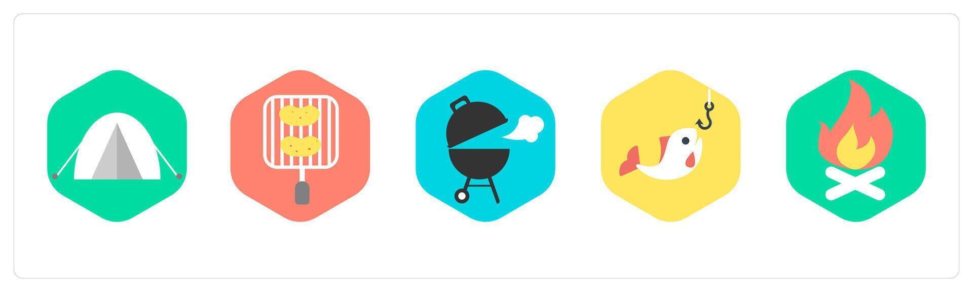 A set of 5 mix icons as camping, grilled pan, barebecue vector