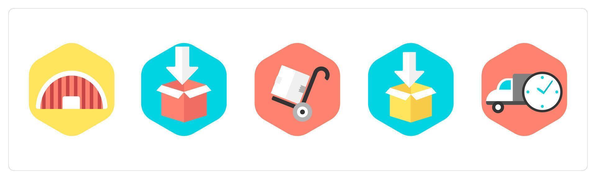 A set of 5 mix icons as warehouse, parcel package, parcel trolley vector
