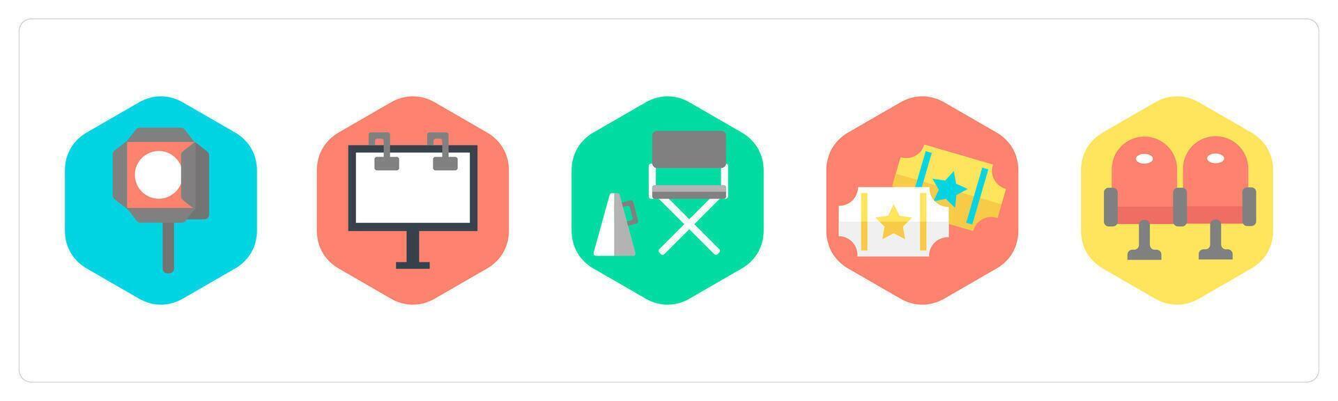 A set of 5 mix icons as focus light, easel board, director chair vector