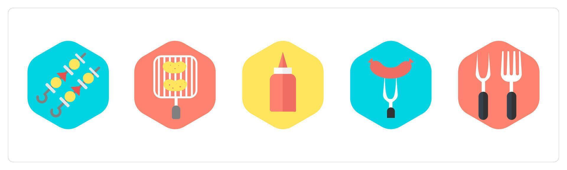 A set of 5 mix icons as barbecue, grilled pan, sauce bottle vector
