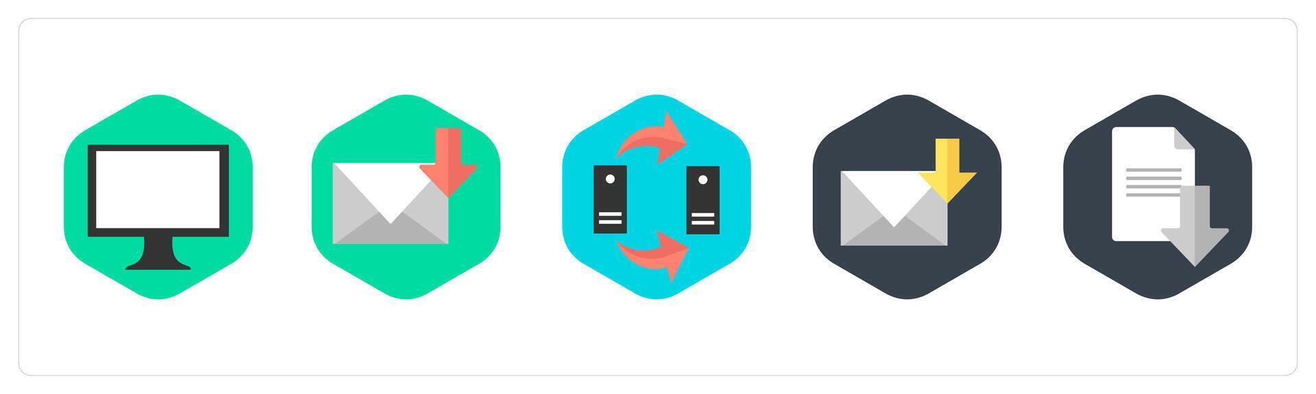 A set of 5 mix icons as computer, download mail, data transfer vector