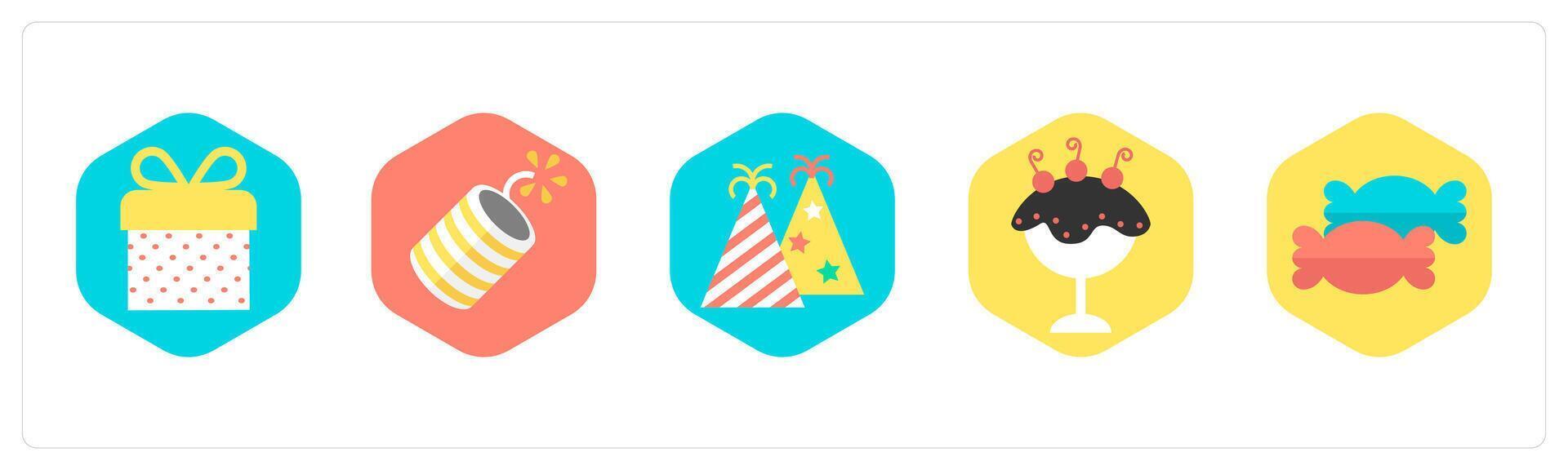 A set of 5 mix icons as gift, cracker, celebration vector