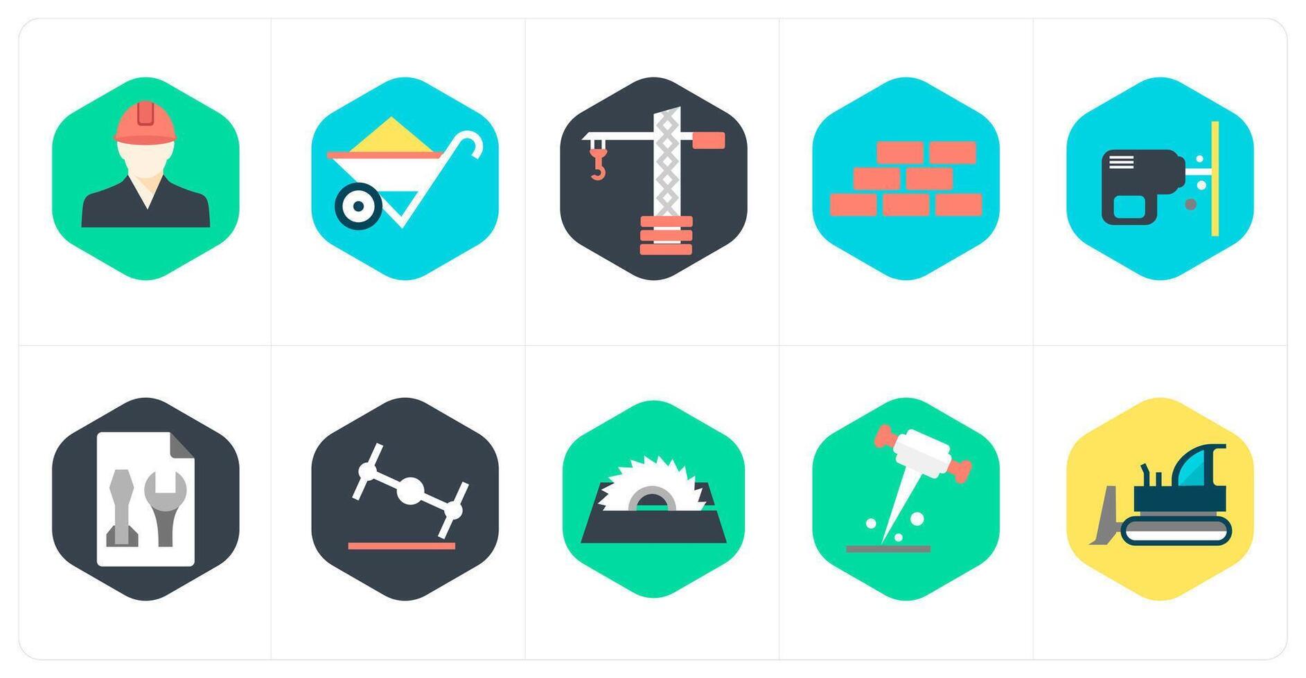 A set of 10 mix icons as engineer, wheel barrow, crane vector