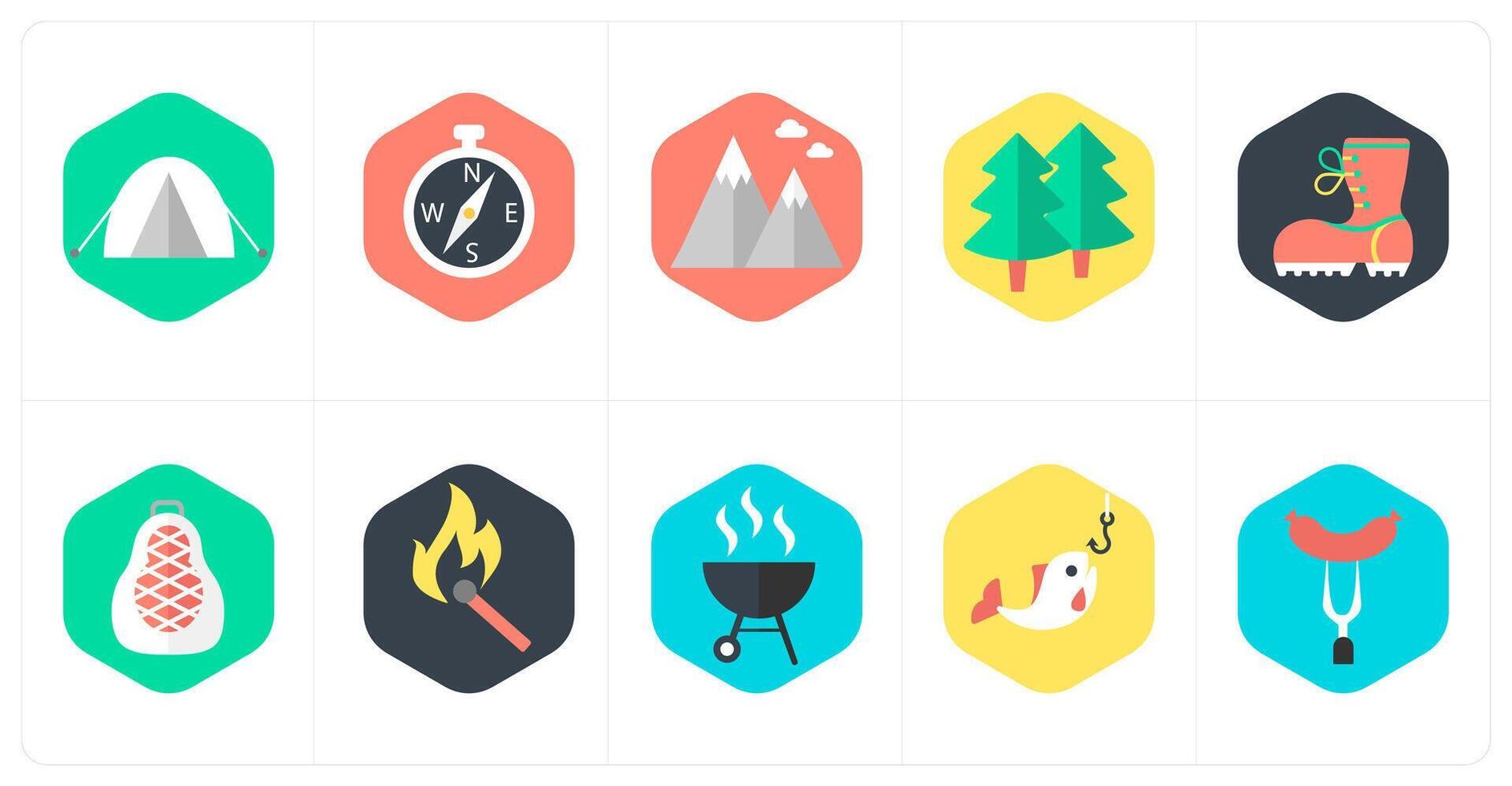 A set of 10 mix icons as camping, compass direction, hills vector