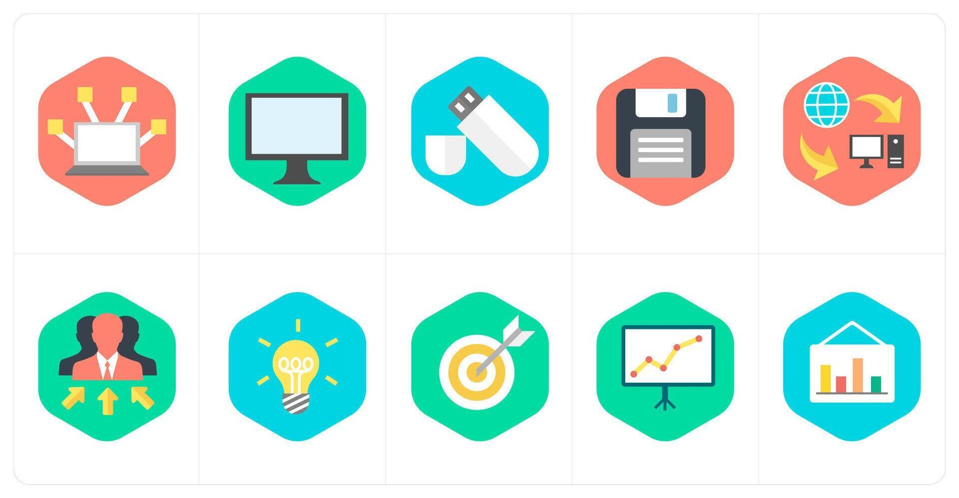 A set of 10 mix icons as computer network, computer, pen drive vector