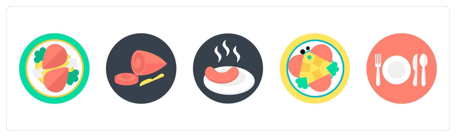 A set of 5 mix icons as chicken, chicken slice, sausage vector