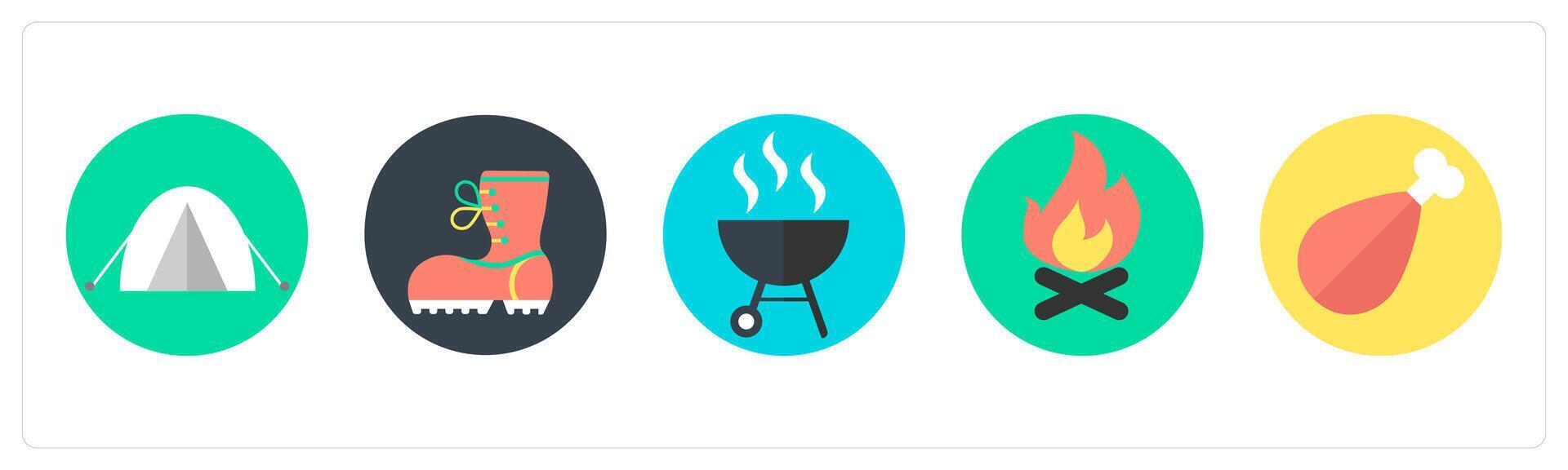 A set of 5 mix icons as camping, hiking shoes, barbecue vector