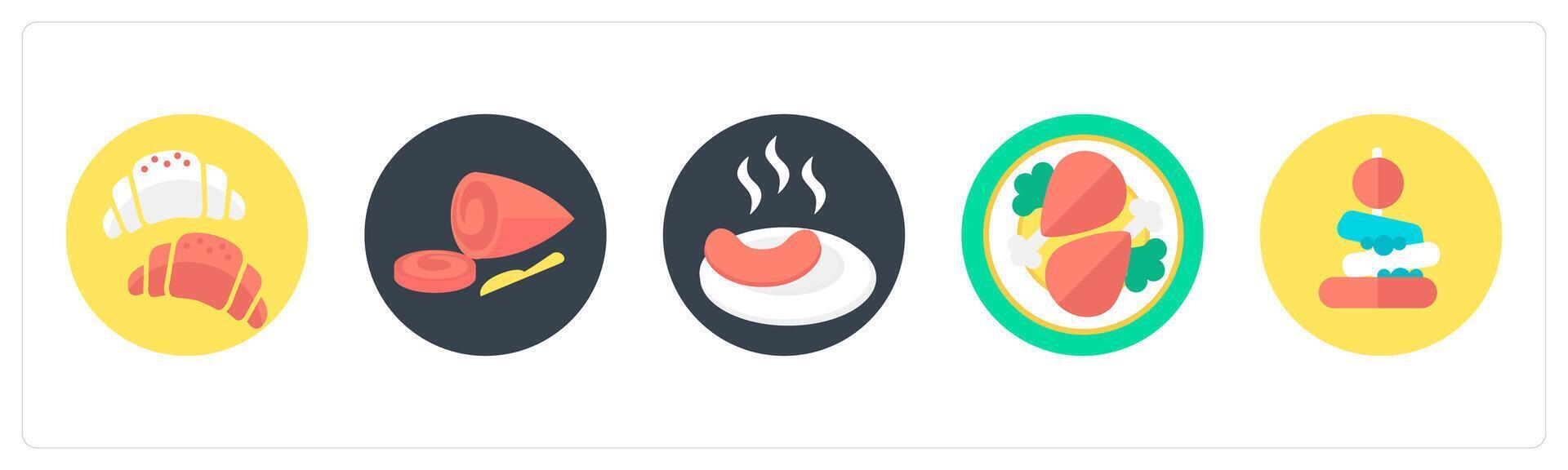 A set of 5 mix icons as croissant, chicken slice, sausage vector