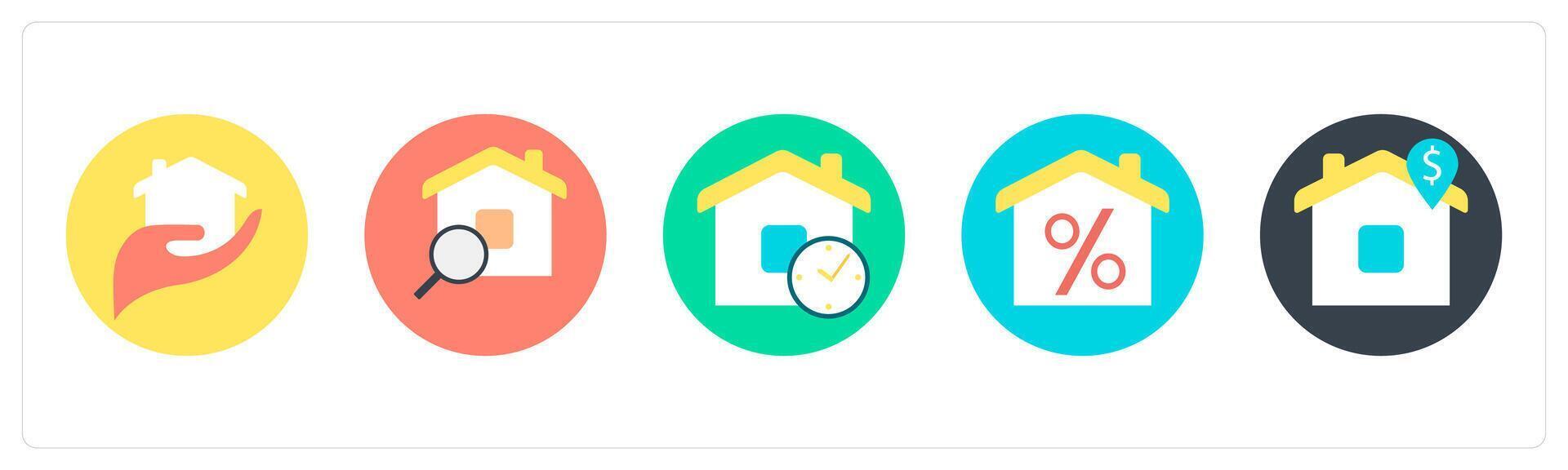 A set of 5 mix icons as real estate, home search, home time, vector