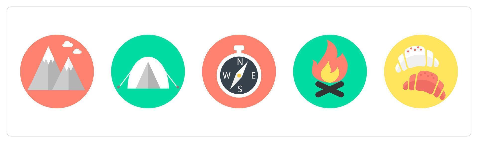 A set of 5 mix icons as hills, camping, compass direction vector