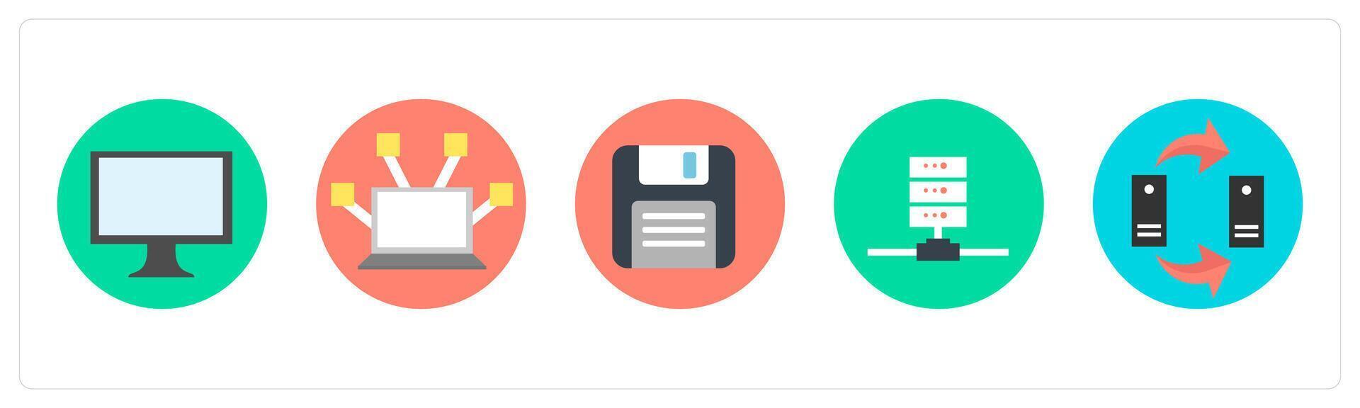 A set of 5 mix icons as computer, computer network, floppy disk vector
