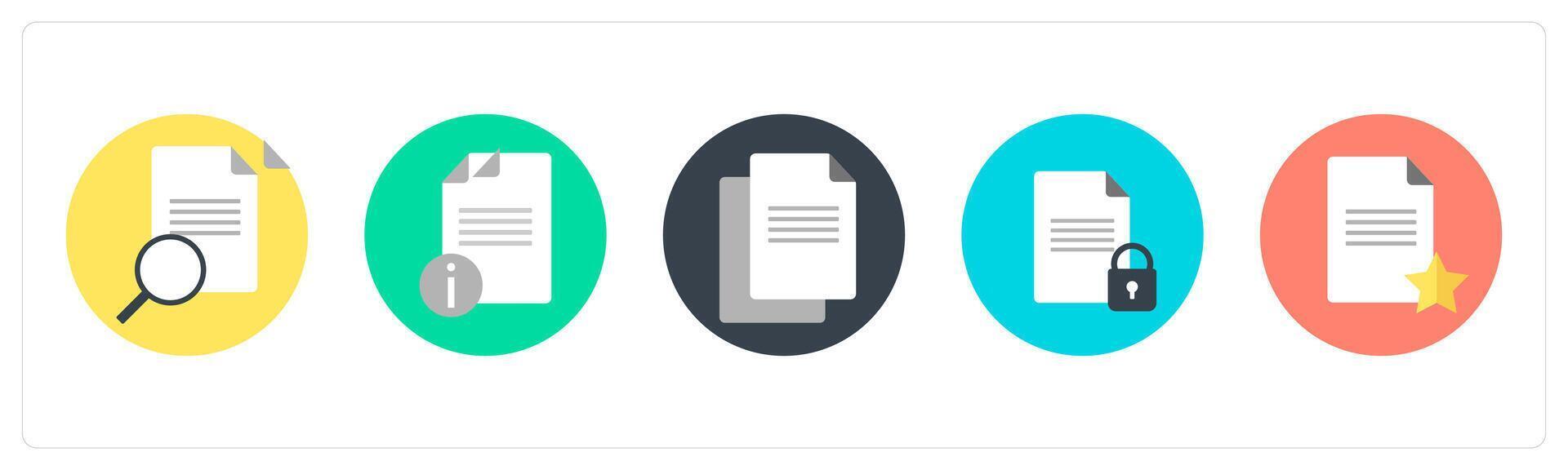 A set of 5 mix icons as search document, document information, duplicate document vector