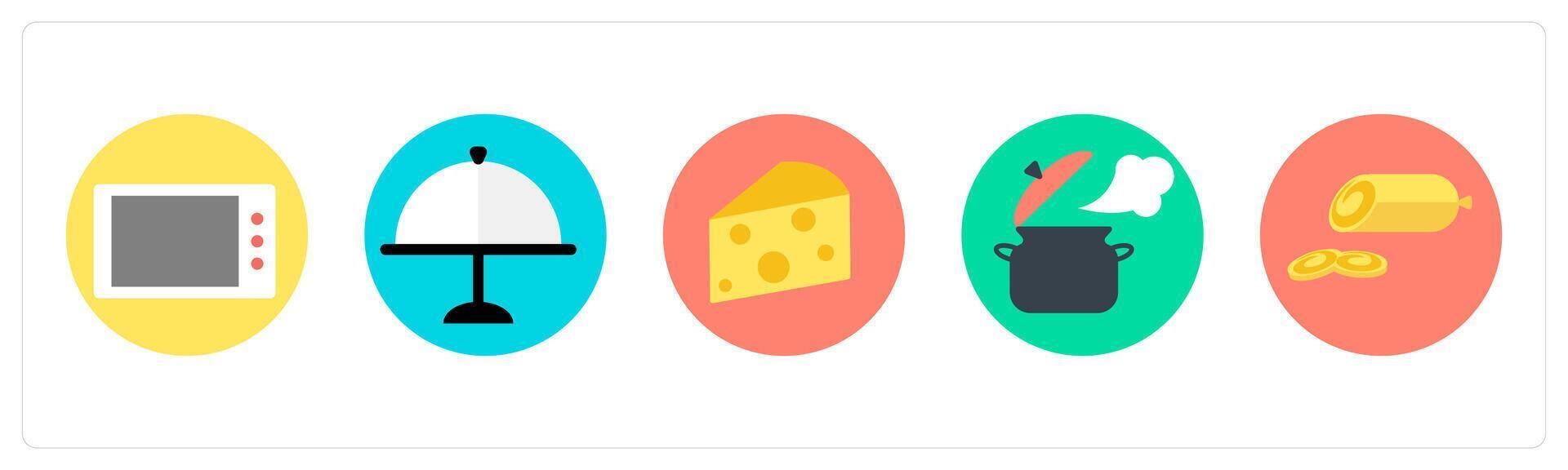 A set of 5 mix icons as microwave, dish, cheese vector