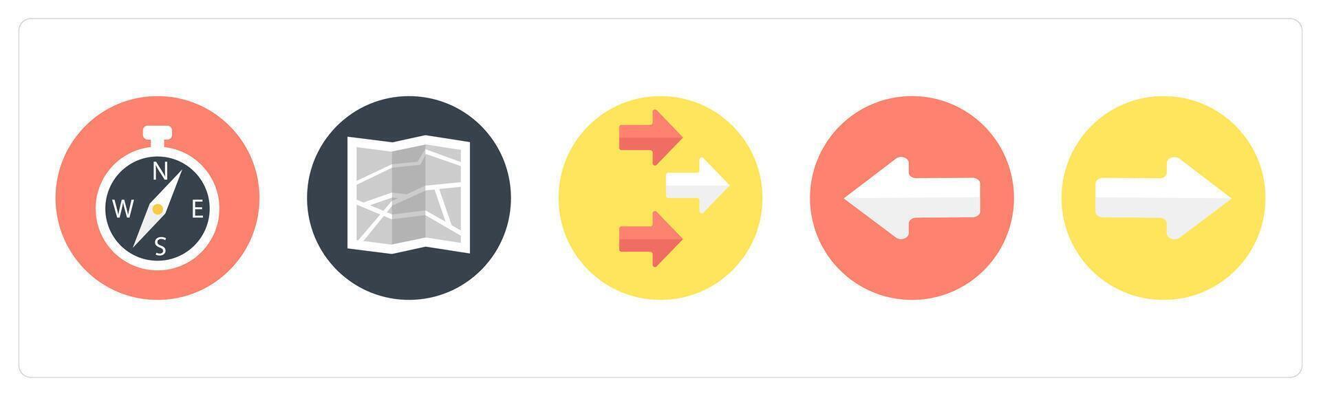 A set of 5 mix icons as compass direction, map, direction vector