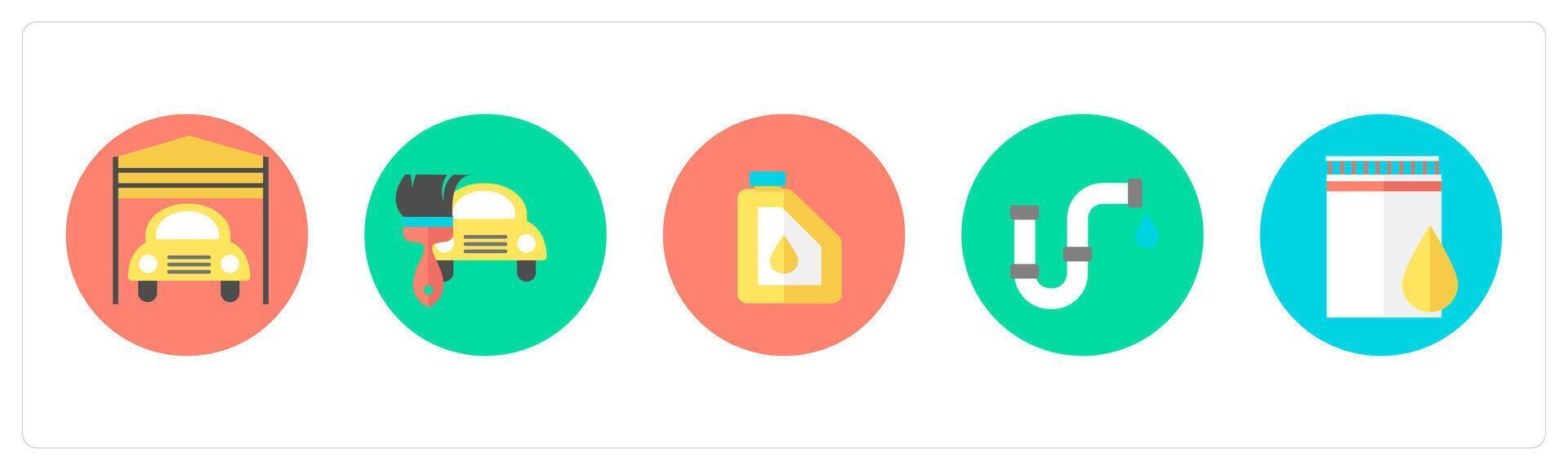 A set of 5 mix icons as garage, car repair, oil canister vector
