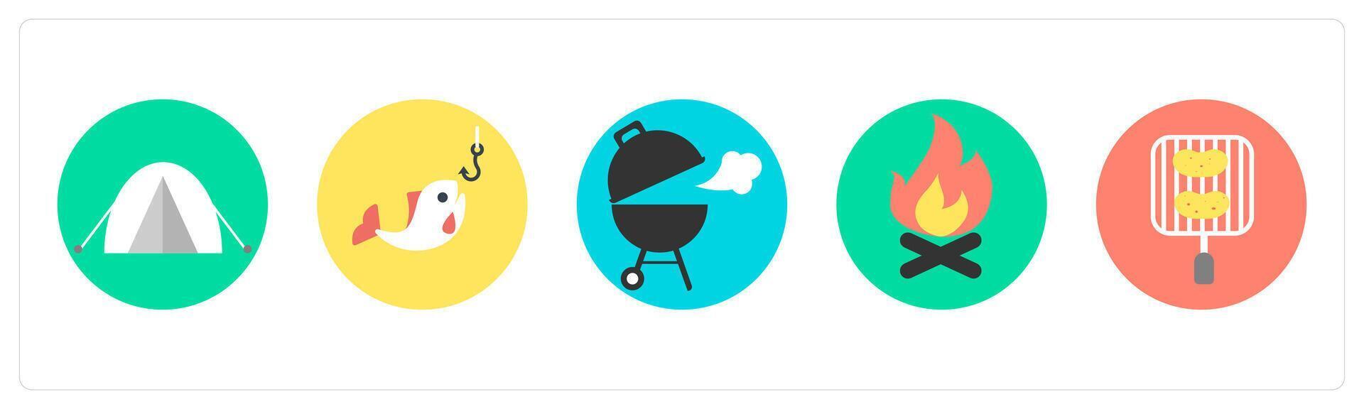 A set of 5 mix icons as camping, fishing, barbecue vector