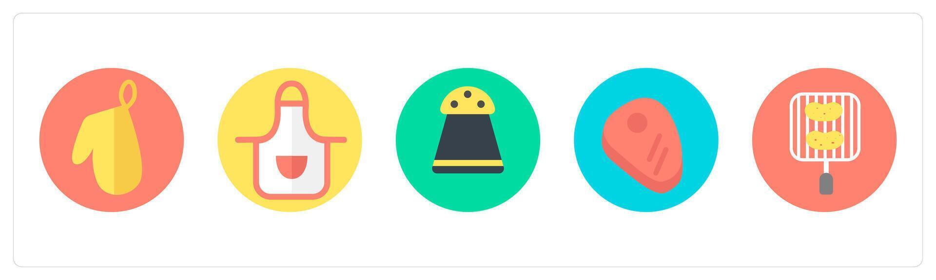 A set of 5 mix icons as kitchen glove, apron, sprinkler vector