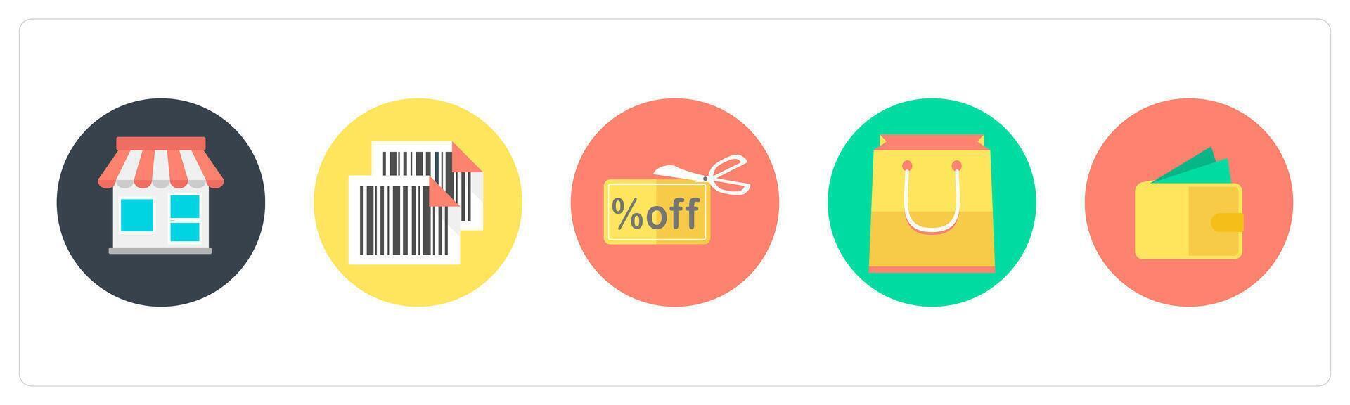 A set of 5 mix icons as store, bar code, discount offer vector