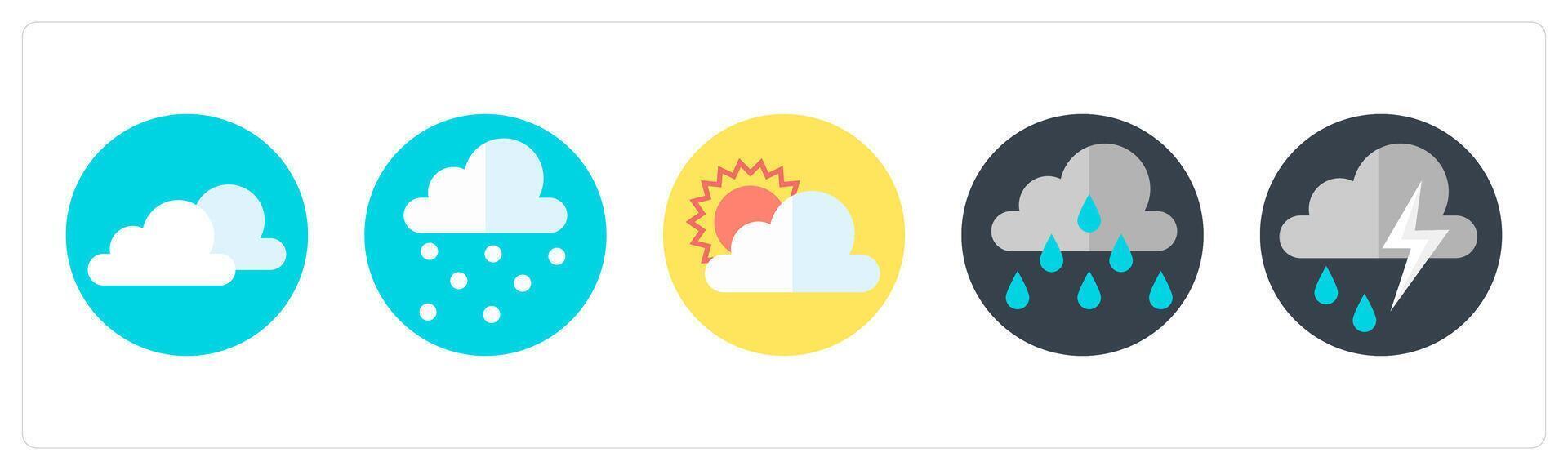 A set of 5 mix icons as clouds, snowfall, cloudy day vector