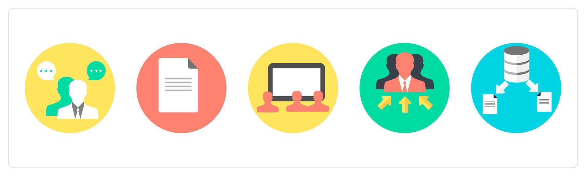 A set of 5 mix icons as business conversation, document, conference vector