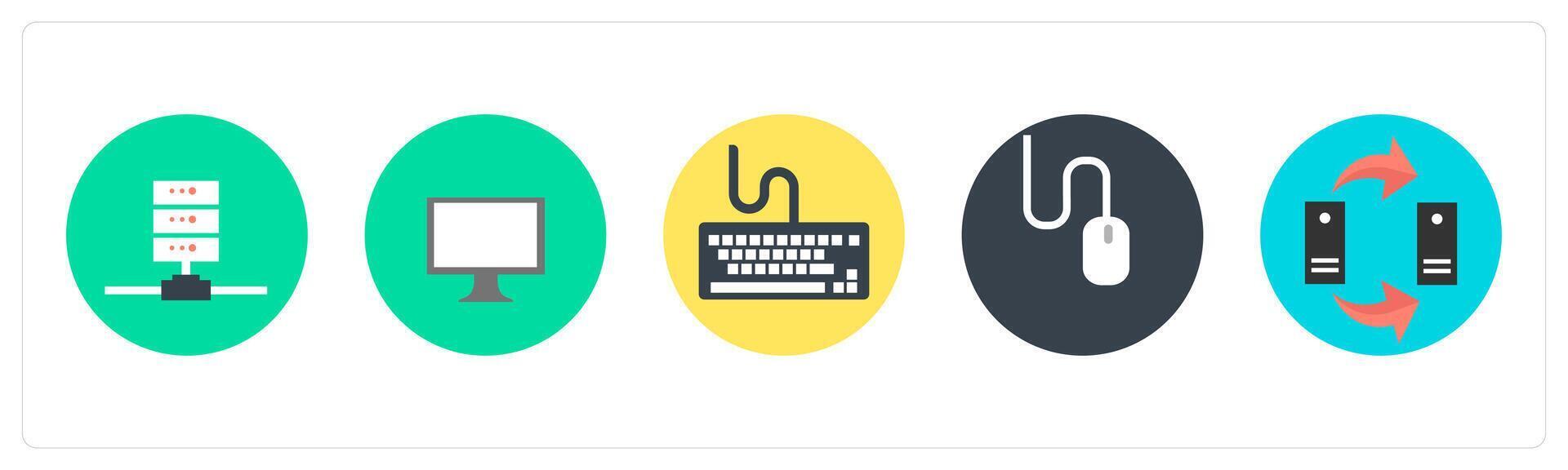 A set of 5 mix icons as server, computer, keyboard vector