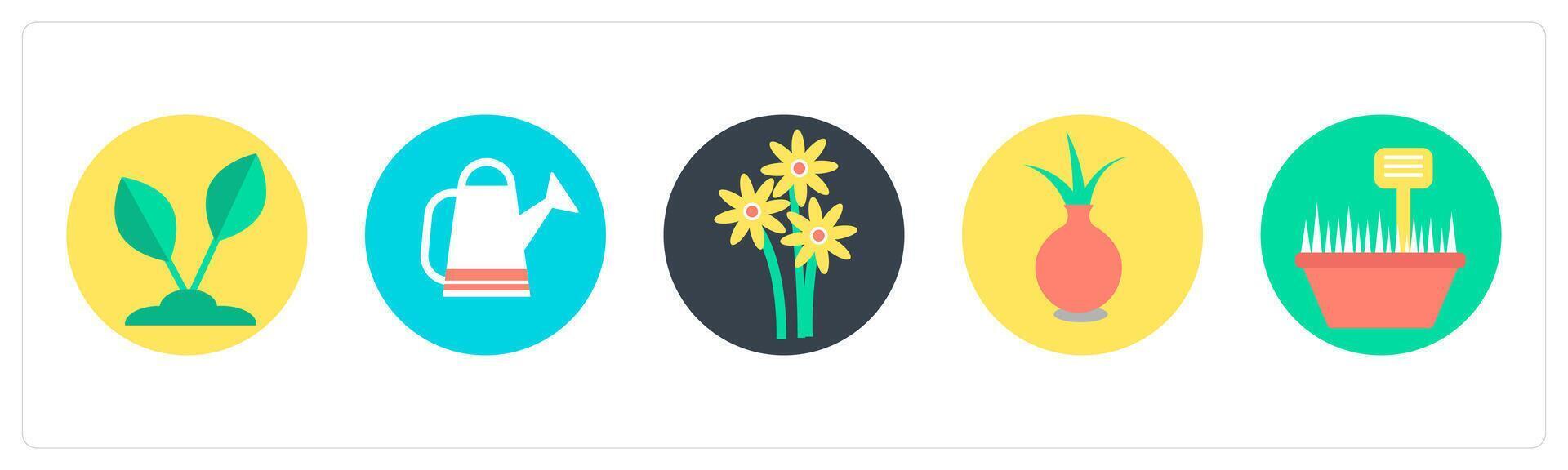 A set of 5 mix icons as plant, watering can, flower vector