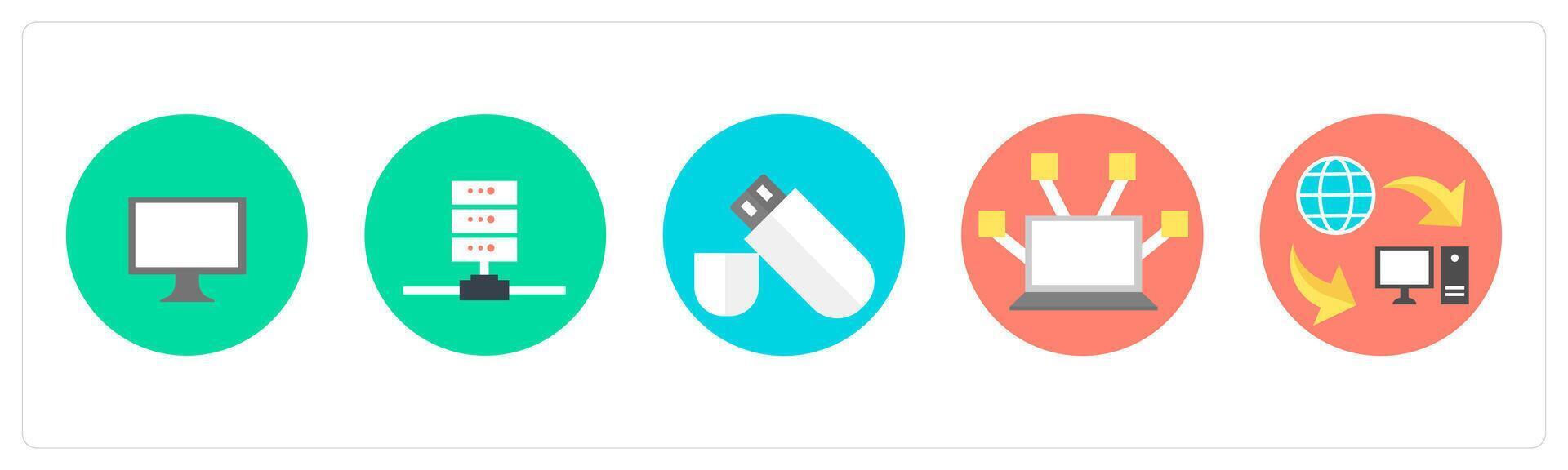 A set of 5 mix icons as computer, server, pen drive vector