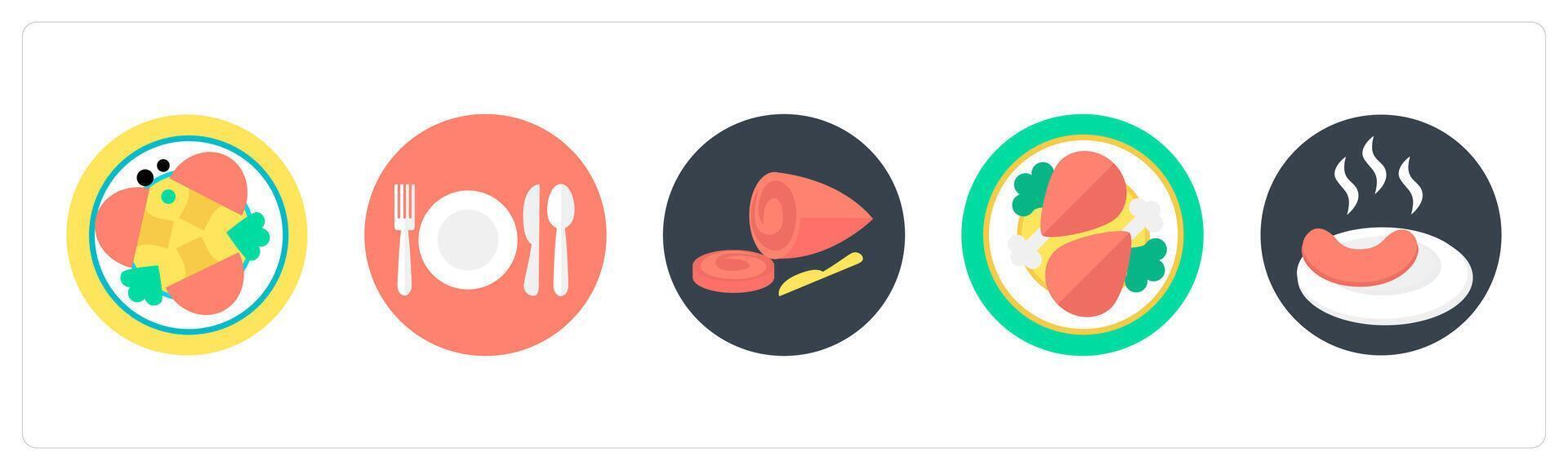 A set of 5 mix icons as dish, cutlery, chicken slice vector