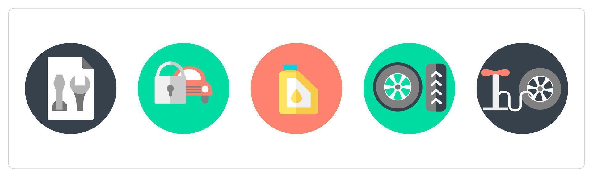 A set of 5 mix icons as repair tools, car security, oil canister vector