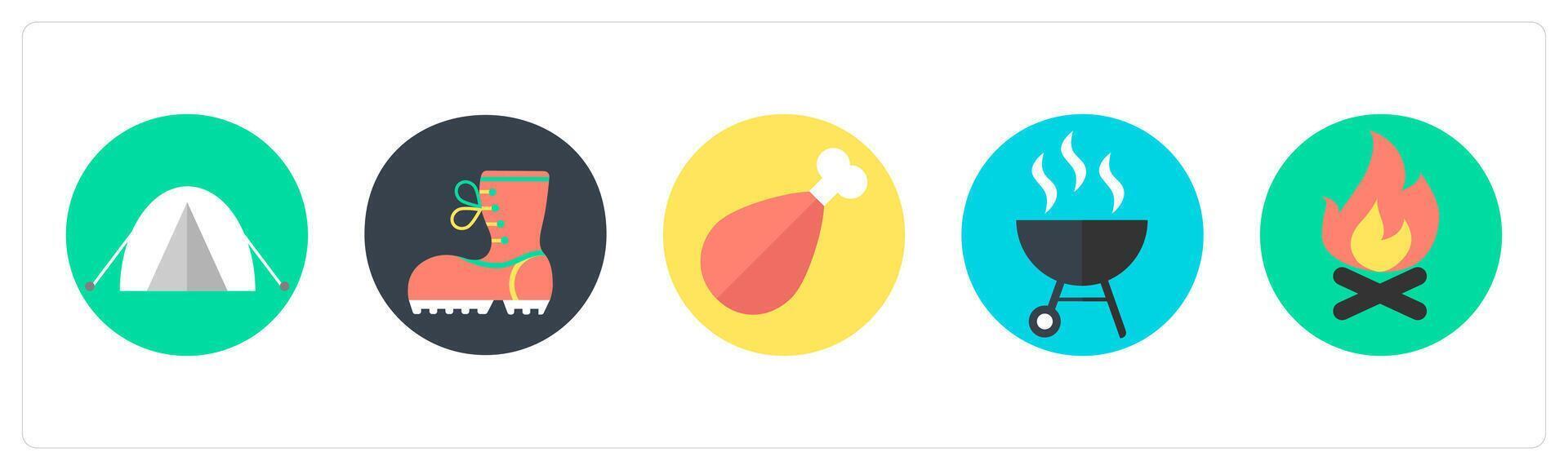 A set of 5 mix icons as camping, hiking shoes, chicken vector