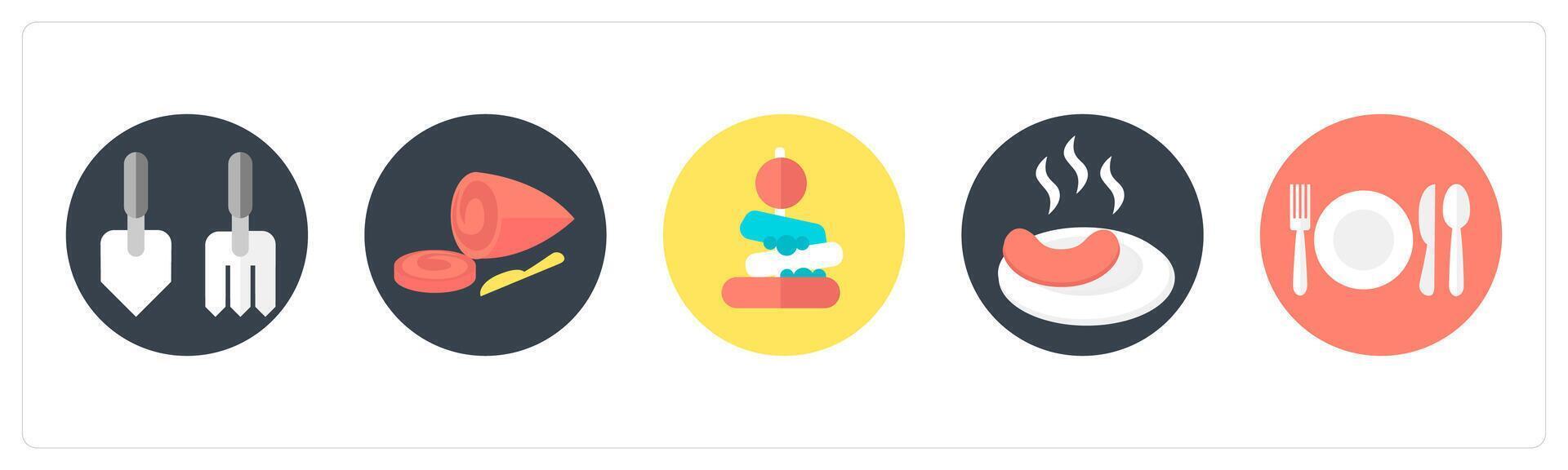 A set of 5 mix icons as kitchen accessories, chicken slice, dish vector