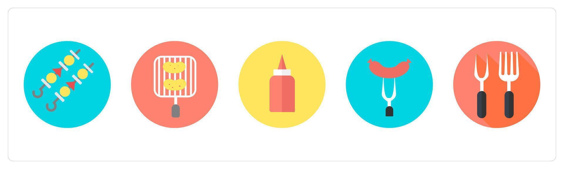 A set of 5 mix icons as barbecue, grilled pan, sauce bottle vector