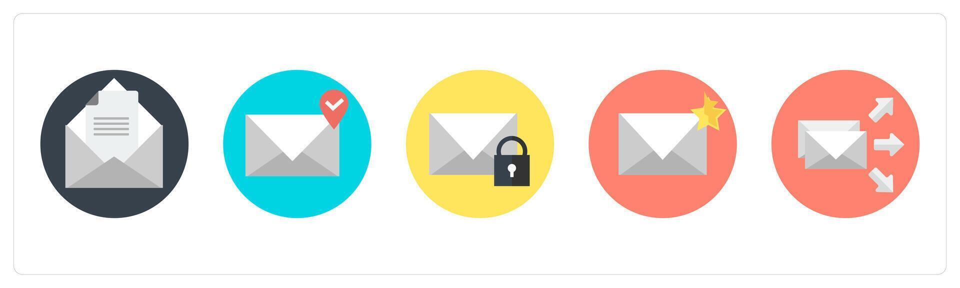 A set of 5 mix icons as open mail, mail location, mail protection vector