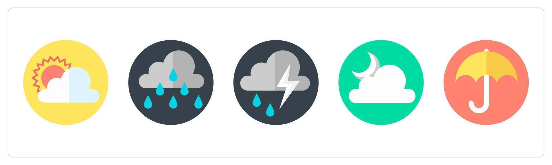A set of 5 mix icons as cloudy day, rainy season, thunderstorm vector