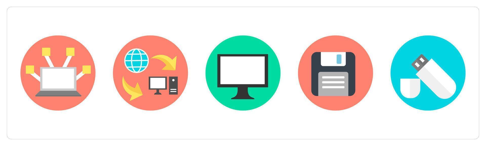 A set of 5 mix icons as computer network, data transfer, computer ...