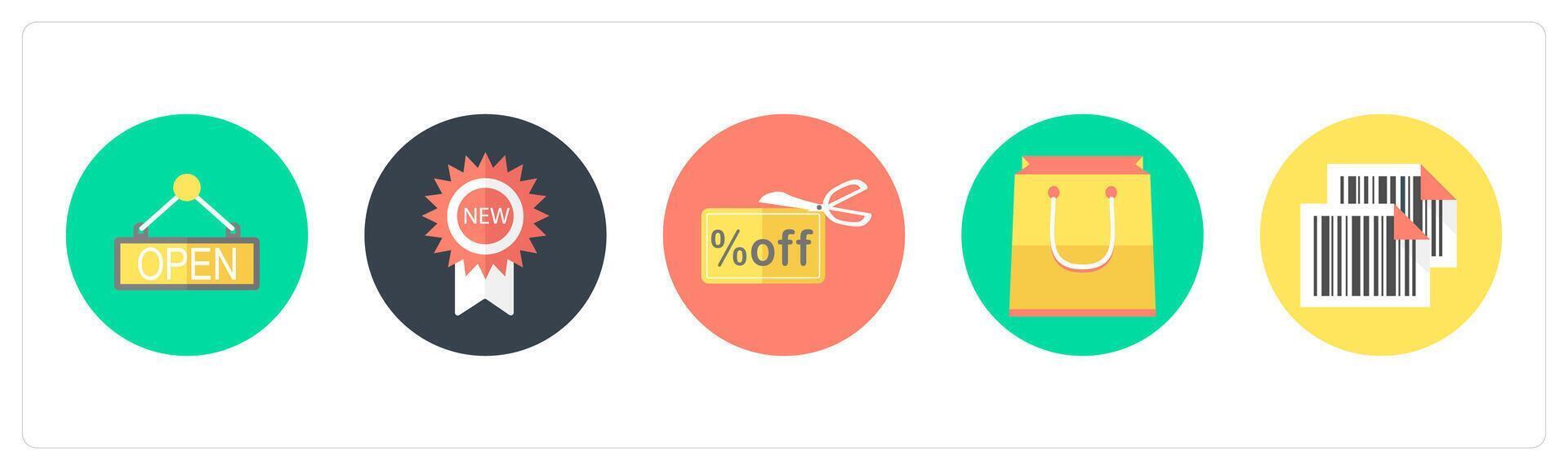 A set of 5 mix icons as open board, new badge, discount offer vector