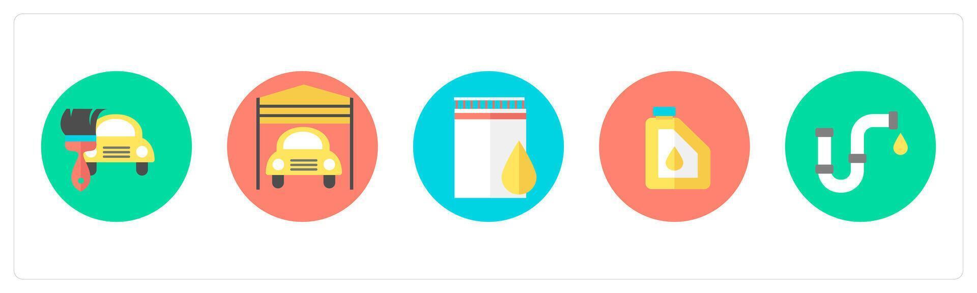 A set of 5 mix icons as car repair, garage, oil barrel vector