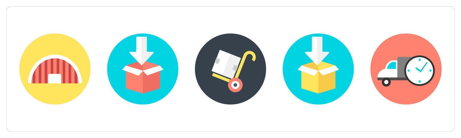 A set of 5 mix icons as warehouse, parcel package, parcel trolley vector