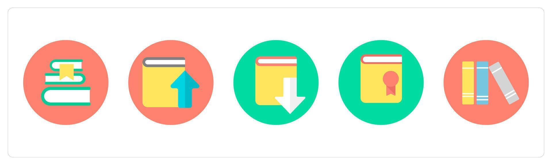 A set of 5 mix icons as books, upload book, book download vector