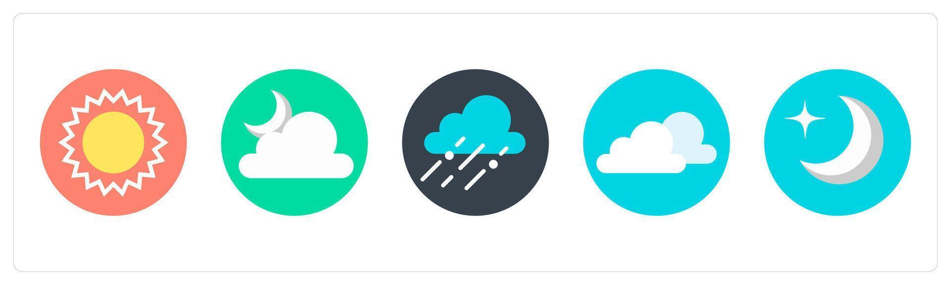 A set of 5 mix icons as sun, night, cloudy day vector