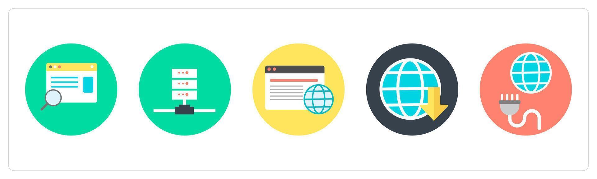 A set of 5 mix icons as search webpage, server, global webpage vector