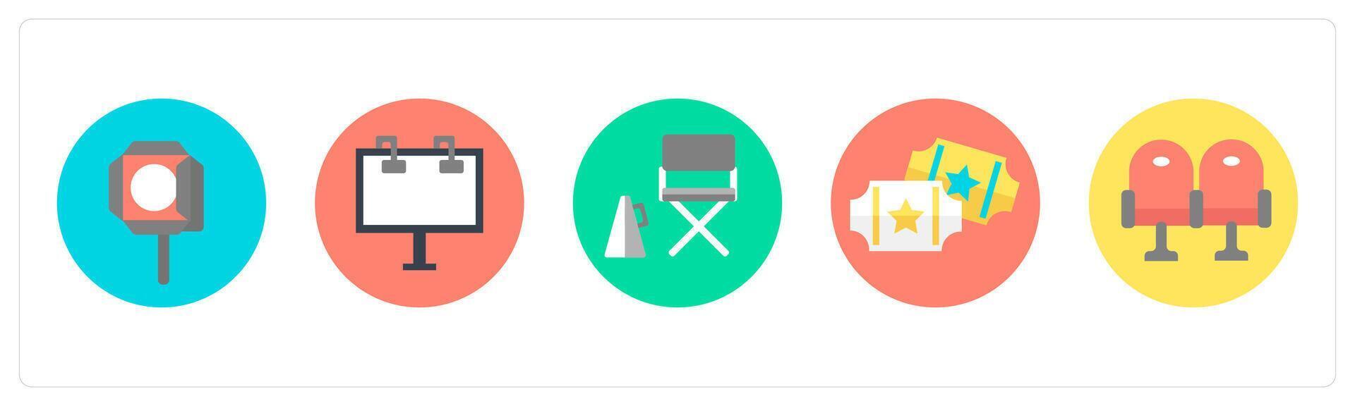 A set of 5 mix icons as focus light, easel board, director chair vector
