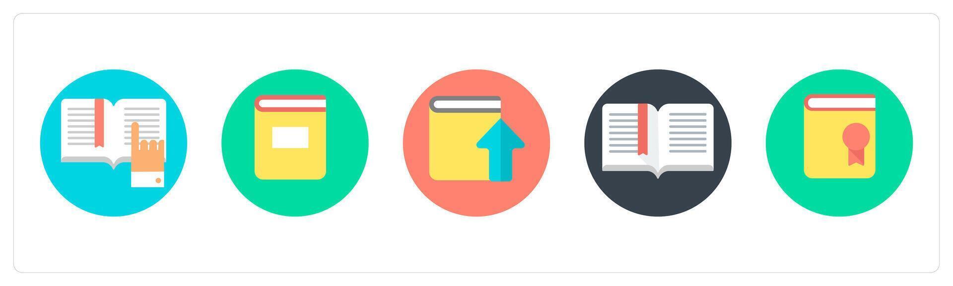 A set of 5 mix icons as book reading, book, upload book, bookmark vector