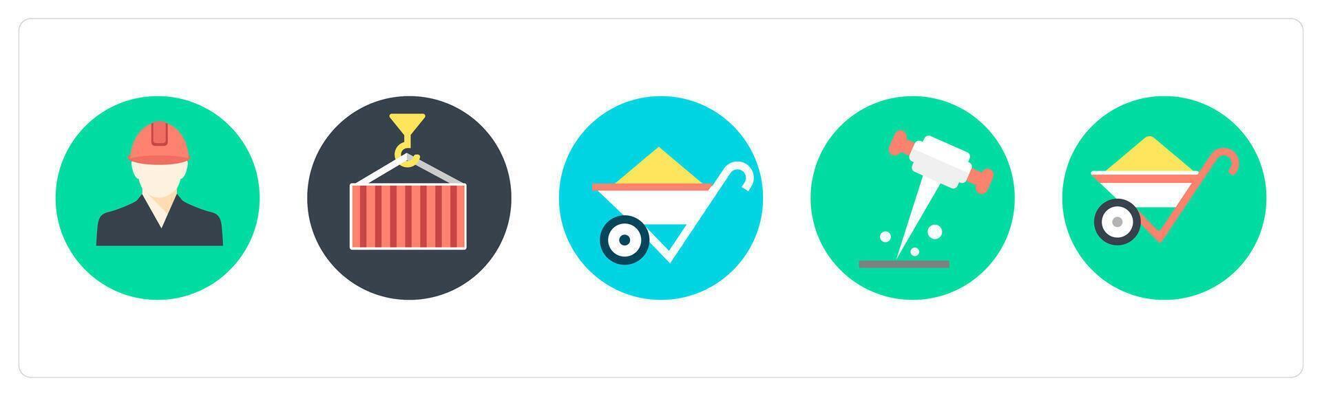 A set of 5 mix icons as enginner, crane, wheel barrow vector