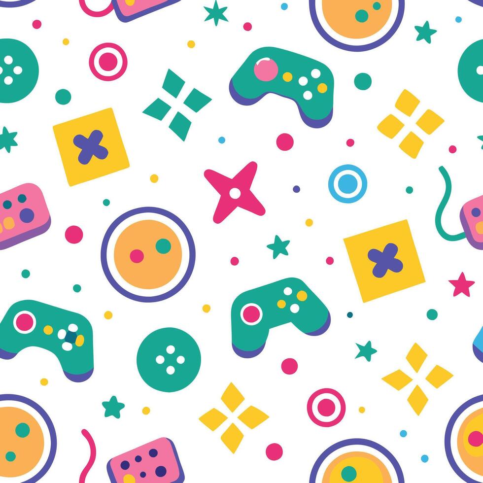 seamless pattern with colorful game controllers and other items vector