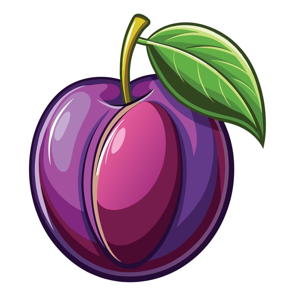 a purple plum fruit with a green leaf on it vector