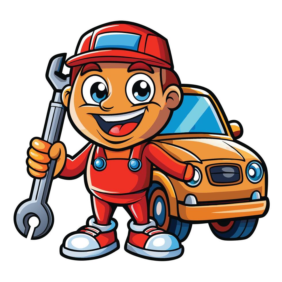 cartoon mechanic holding a wrench and holding a car vector