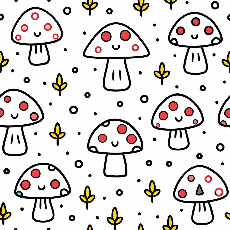 a pattern with mushrooms and leaves vector