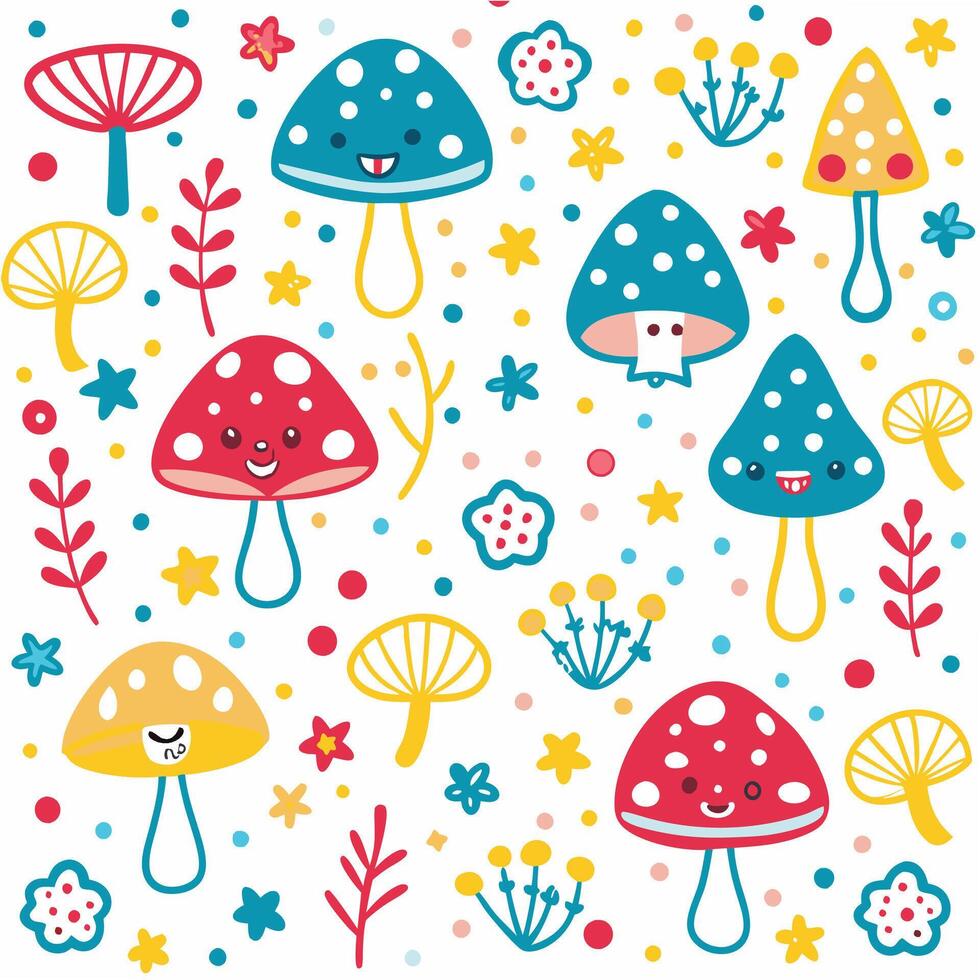 a colorful pattern with mushrooms and flowers vector